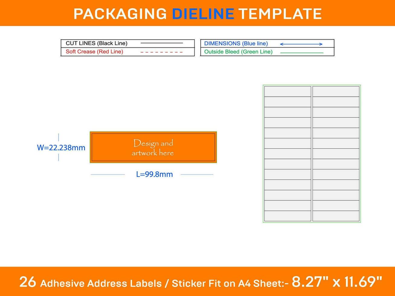 26 adesivo indirizzo etichette Dieline modello 99,8 X 22,238 mm vettore