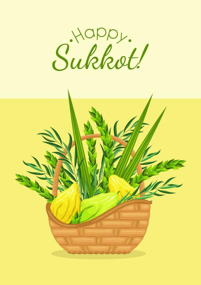 contento sukkot saluto carta. di vimini cestino con tradizionale simboli di il giudaico Festival - etrog, lulav, hadas, arav. festa di tabernacoli o Festival di raccogliere. ebraico religioso vacanza vettore