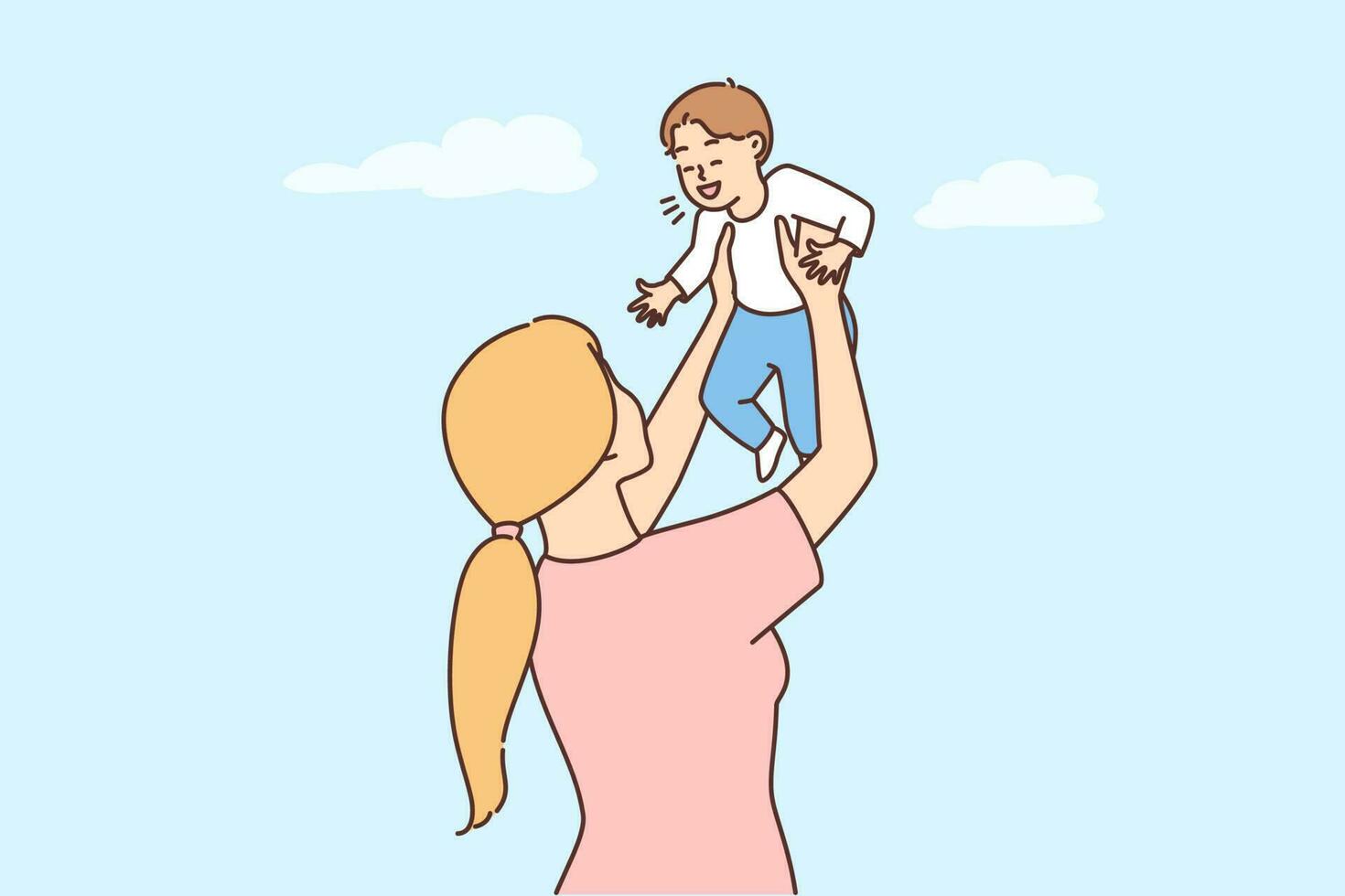 sorridente giovane madre giocando con carino bambino lancio nel aria. contento mamma avere divertimento godere tempo con eccitato infante. maternità concetto. vettore illustrazione.