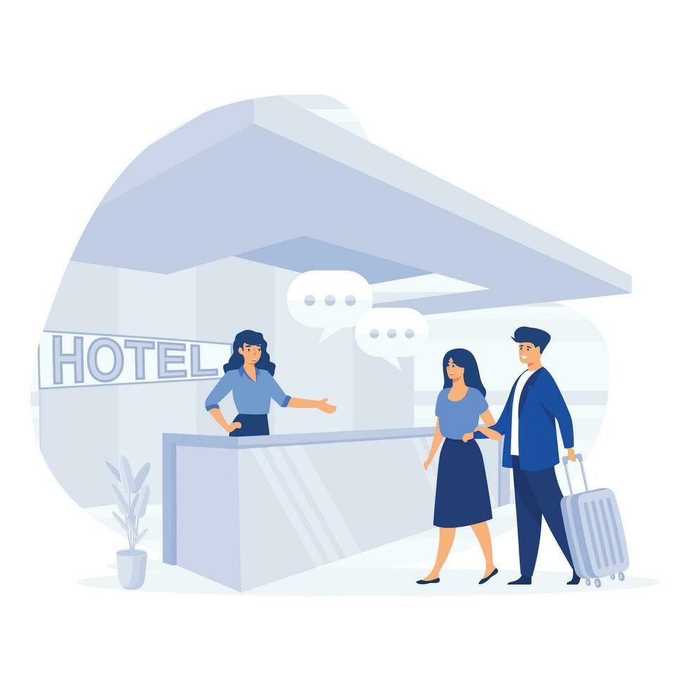 addetto alla reception lavoro. i clienti consulenza manager a ricezione. turisti controllo nel per Hotel, piatto vettore moderno illustrazione