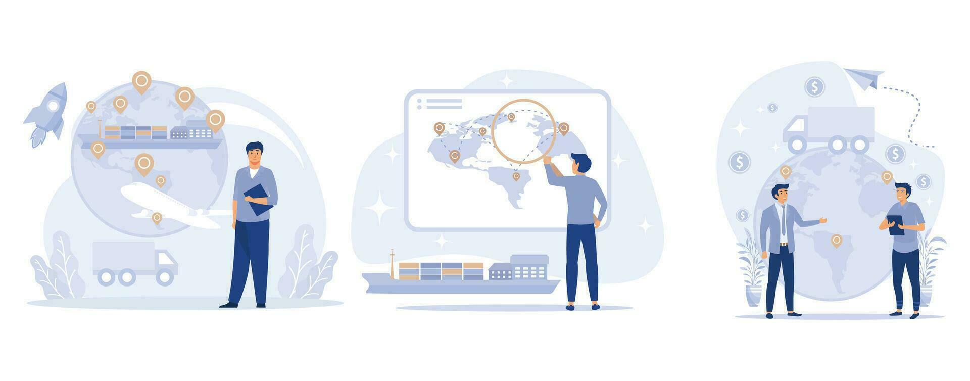 internazionale consegna servizio concetto. globale mezzi di trasporto sistema, nave tracciamento, collaborativo la logistica, marino traffico, in linea globale inseguitore. impostato piatto vettore moderno illustrazione