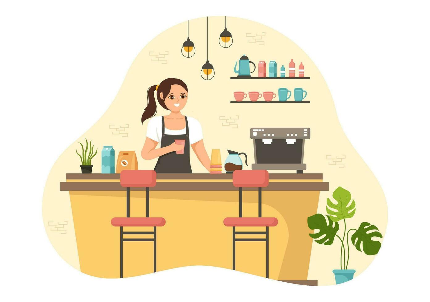 bar vettore illustrazione di interno con bar In piedi, tavolo e poltrone nel piatto cartone animato mano disegnato atterraggio pagina ristorante sfondo modelli