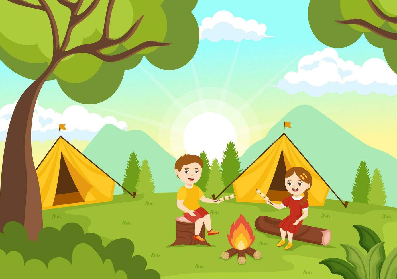 estate campo vettore illustrazione di bambini campeggio e in viaggio su vacanza con attrezzatura piace tende, zaini e Di Più nel cartone animato modello