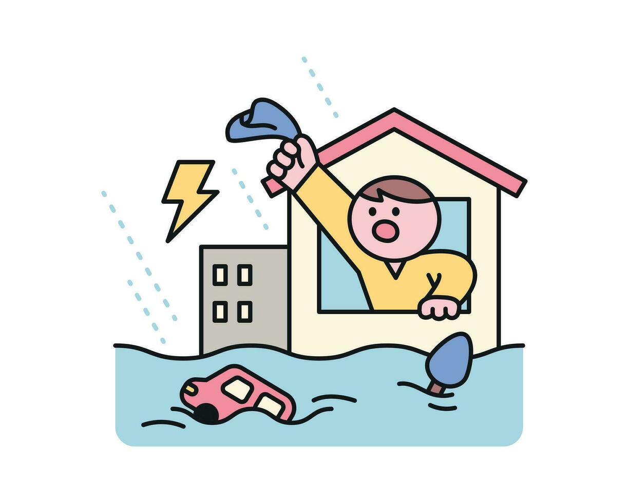 pioggia giorno. un' uomo è segnalazione per Aiuto attraverso un' finestra dopo un' alluvione. un' carino e semplice illustrazione con un' di spessore schema. vettore