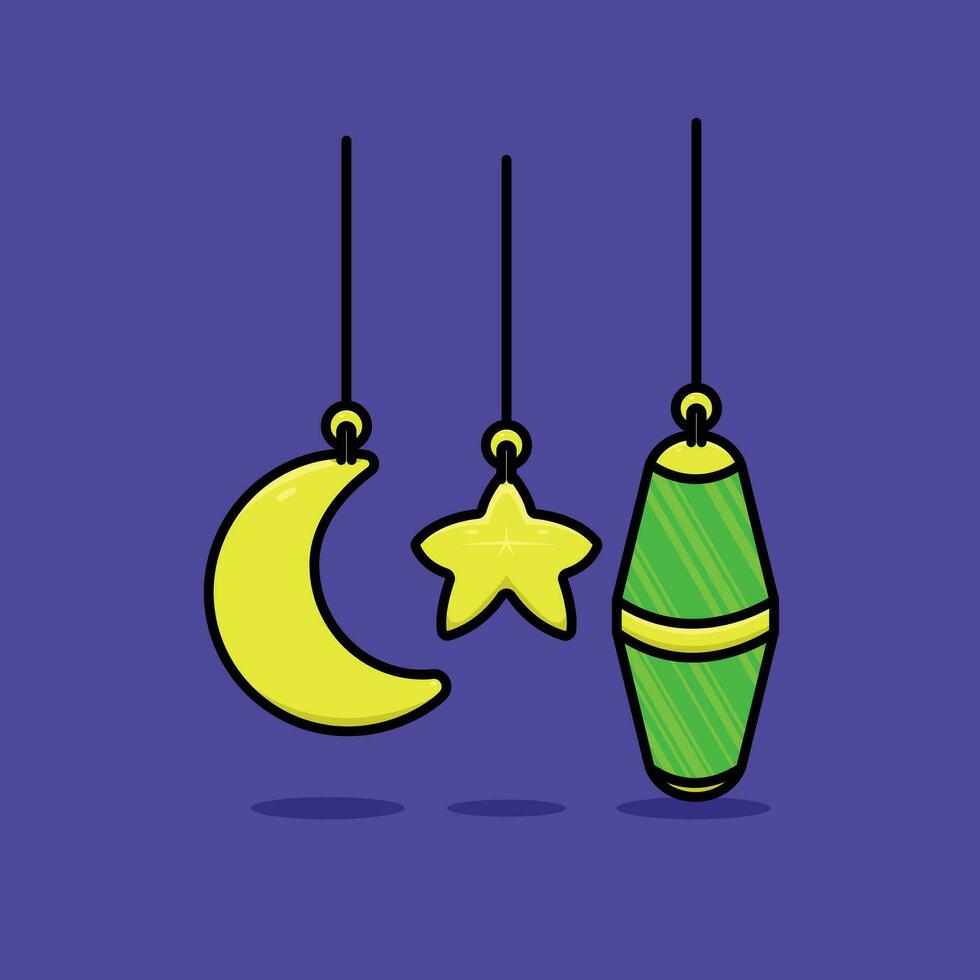 Luna lanterna lampada islamico ornamento semplice cartone animato illustrazione vettore