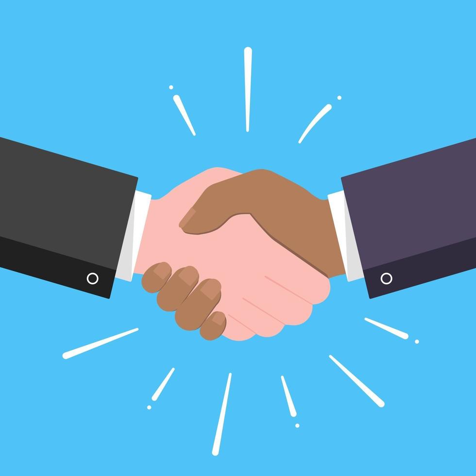 uomini d'affari si stringono la mano stile piatto design illustrazione vettoriale successo affare partnership saluto accordo di handshaking isolato su sfondo azzurro
