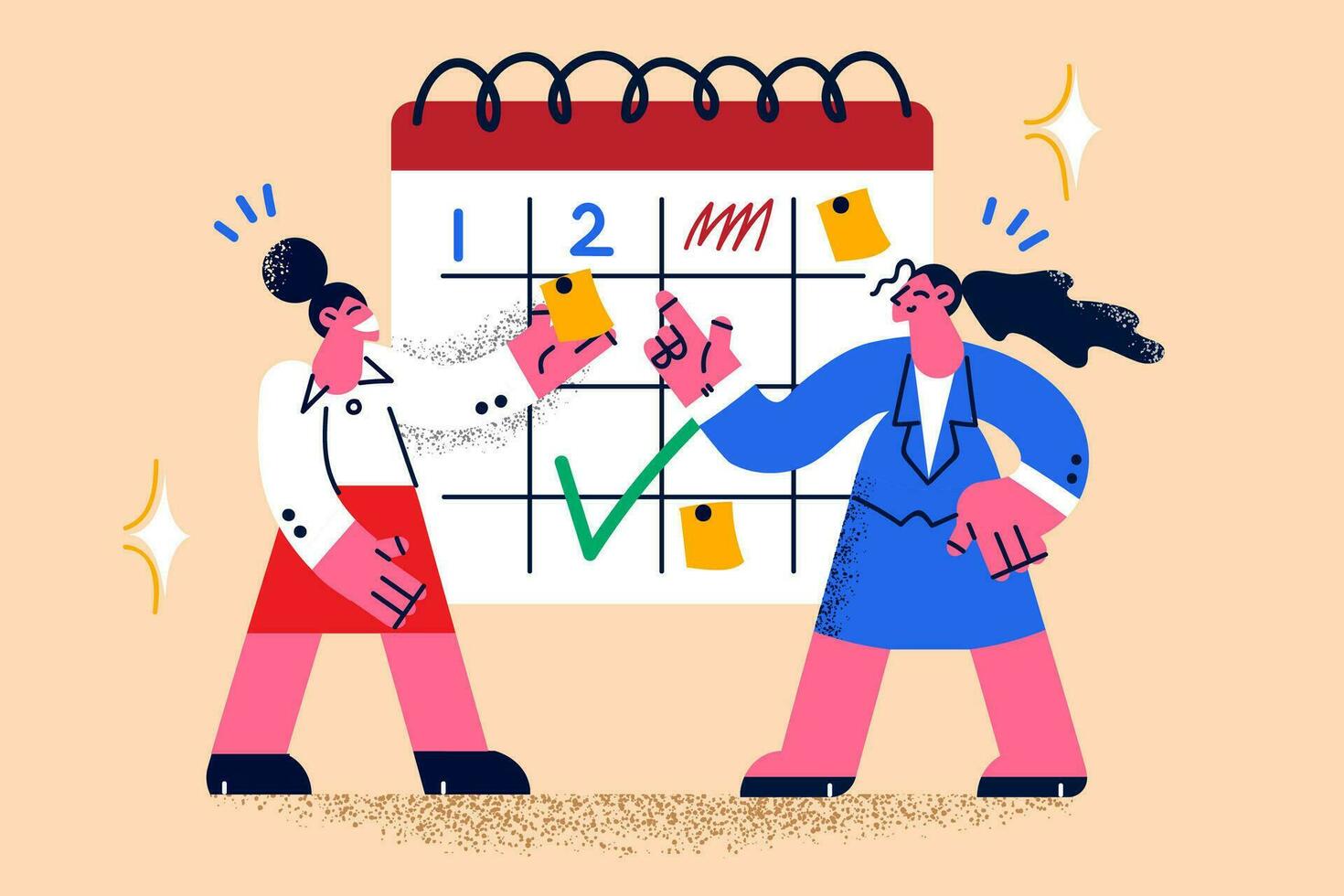 sorridente donne d'affari brainstorming fare creativo pensiero su progettista tavola a posto di lavoro insieme. contento femmina dipendenti o colleghi Piano mese opera compiti su calendario. orario. vettore illustrazione.