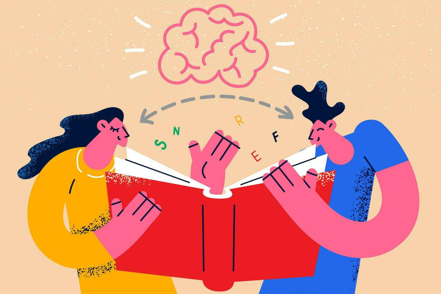 diverso persone leggere libro brainstorming sviluppare idee insieme. contento studenti o allievi con manuale impegnato nel lontano apprendimento a scuola o Università. a distanza formazione scolastica. vettore illustrazione.