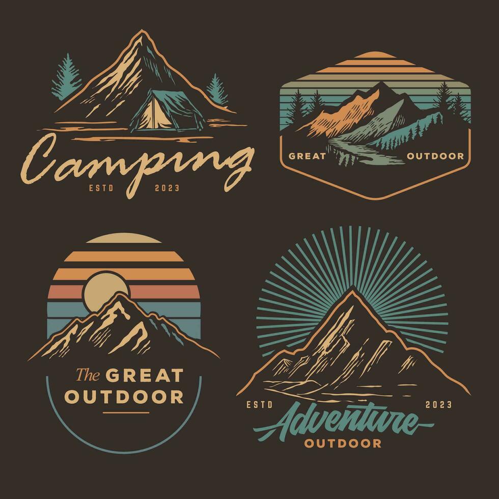 impostato collezione di Vintage ▾ avventura distintivo. campeggio emblema logo con montagna illustrazione nel retrò fricchettone stile. vettore