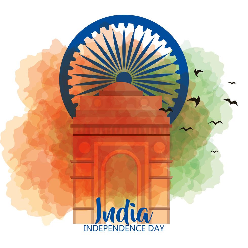 famoso monumento dell'India sullo sfondo per il felice giorno dell'indipendenza con la decorazione della ruota di Ashoka vettore