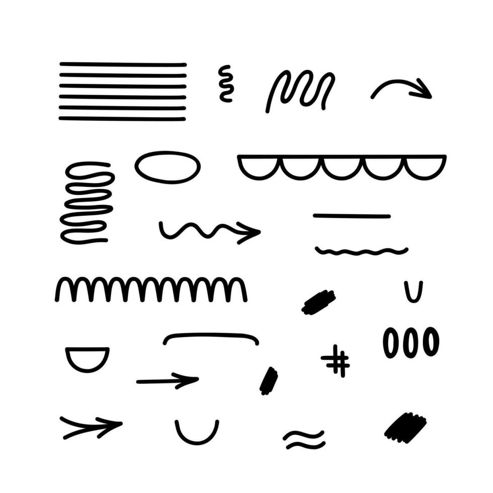 astratto textures impostato mano disegnato vettore illustrazione, semplice scarabocchio design elementi linee, frecce, curve, macchie