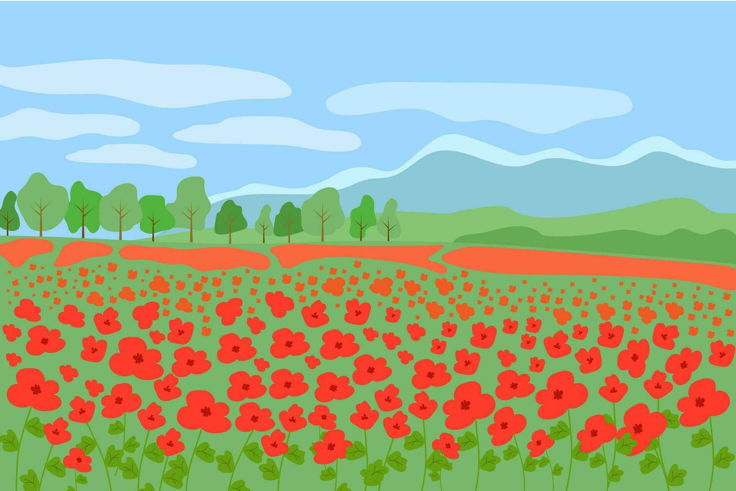 rosso papavero fiori campo bellissimo naturale paesaggio di francese Provenza, scenario luminosa sfondo con foresta, montagne su un' soleggiato estate giorno vettore