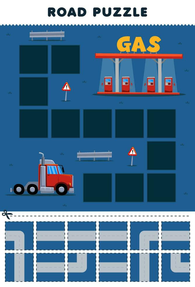 formazione scolastica gioco per bambini strada puzzle Aiuto camion mossa per gas stazione stampabile mezzi di trasporto foglio di lavoro vettore