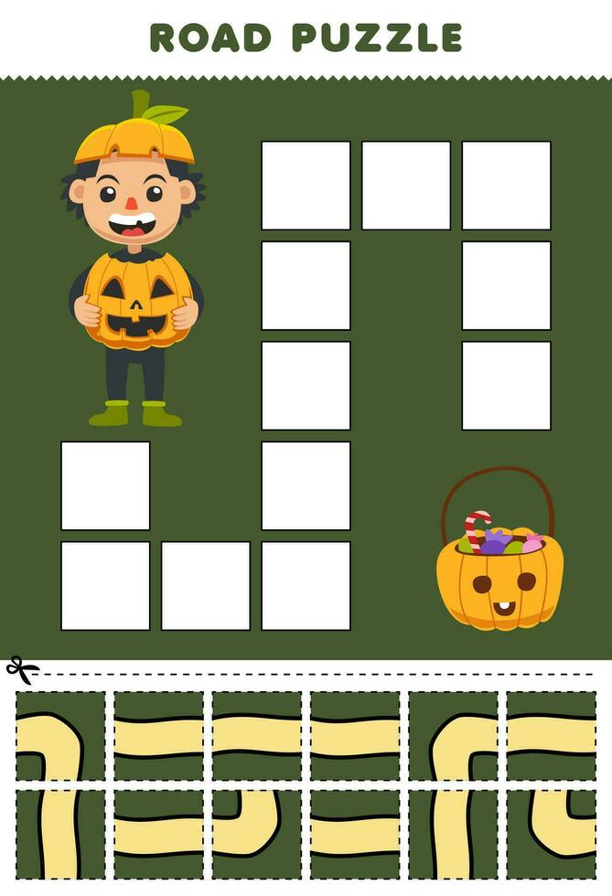 formazione scolastica gioco per bambini strada puzzle Aiuto zucca ragazzo mossa per il zucca secchio stampabile Halloween foglio di lavoro vettore