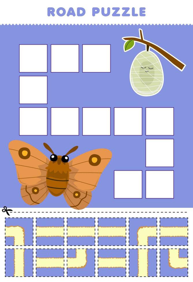 formazione scolastica gioco per bambini strada puzzle Aiuto falena mossa per bozzolo stampabile insetto foglio di lavoro vettore