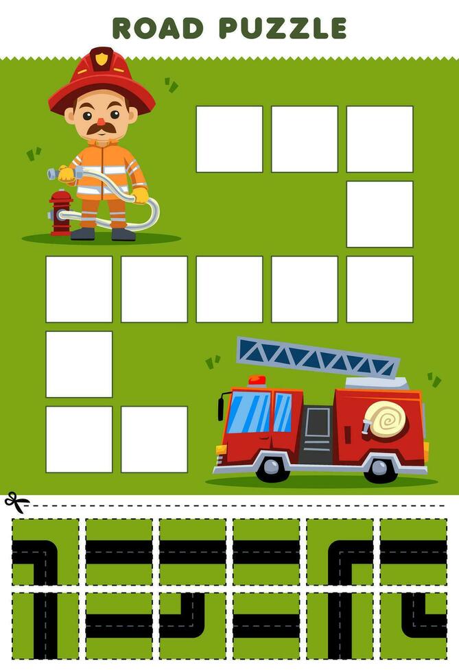 formazione scolastica gioco per bambini strada puzzle Aiuto pompiere mossa per il camion dei pompieri stampabile professione foglio di lavoro vettore