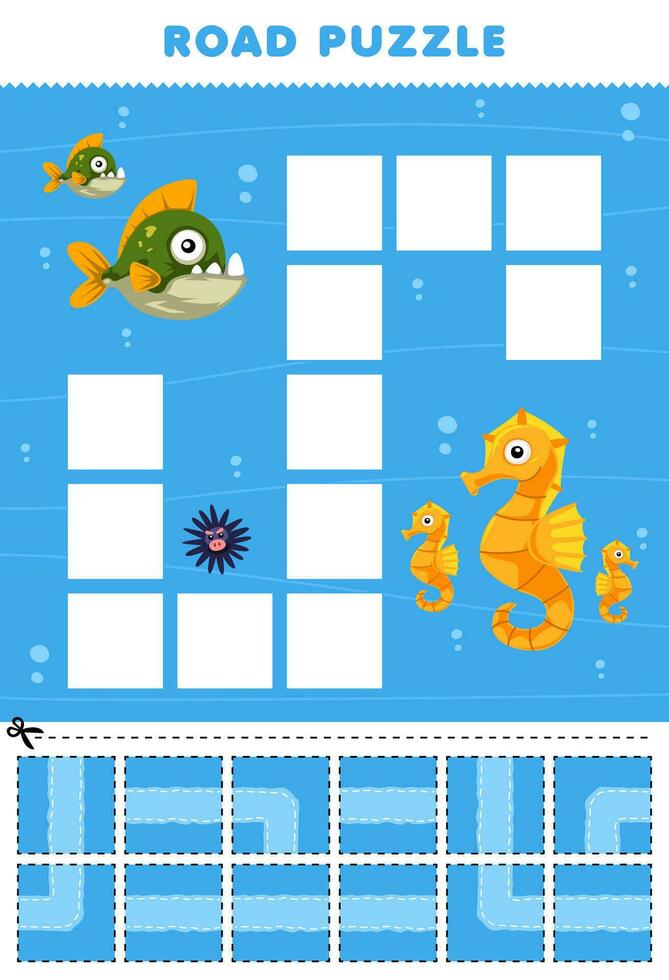 formazione scolastica gioco per bambini strada puzzle Aiuto piranha pesce mossa per il cavalluccio marino stampabile subacqueo foglio di lavoro vettore