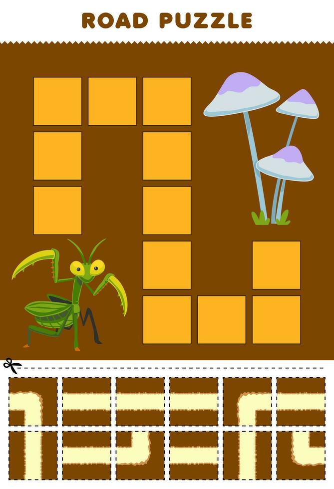 formazione scolastica gioco per bambini strada puzzle Aiuto mantide mossa per fungo stampabile insetto foglio di lavoro vettore