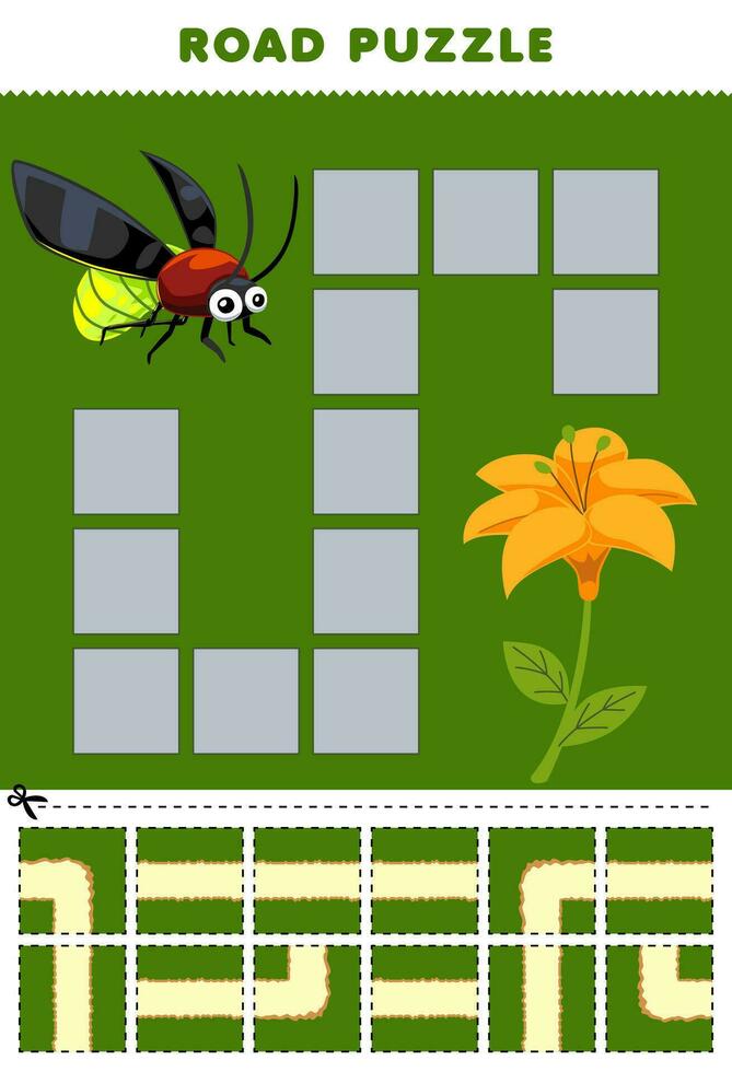 formazione scolastica gioco per bambini strada puzzle Aiuto lucciola mossa per fiore stampabile insetto foglio di lavoro vettore