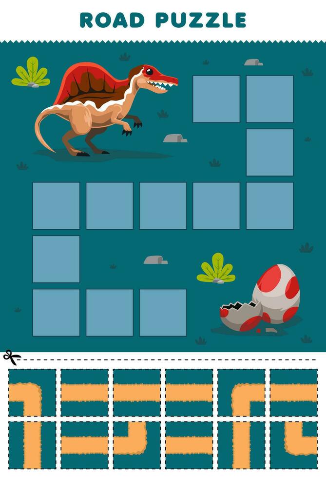 formazione scolastica gioco per bambini strada puzzle Aiuto Spinosaurus mossa per il uovo stampabile dinosauro foglio di lavoro vettore