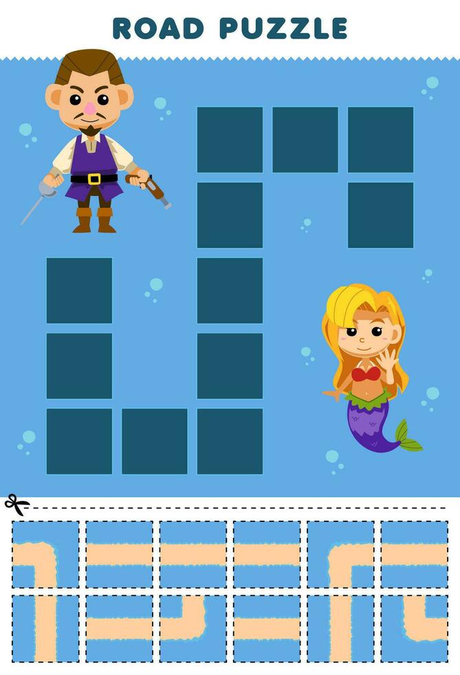 formazione scolastica gioco per bambini strada puzzle Aiuto uomo mossa per sirena stampabile pirata foglio di lavoro vettore