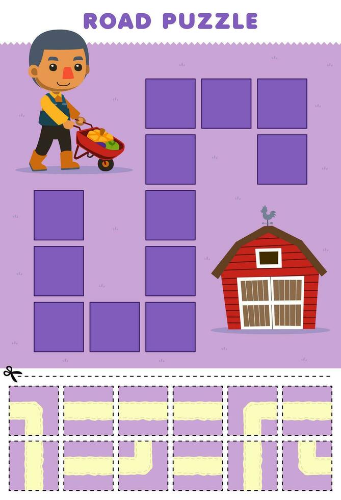 formazione scolastica gioco per bambini strada puzzle Aiuto contadino ragazzo mossa per il fienile stampabile azienda agricola foglio di lavoro vettore