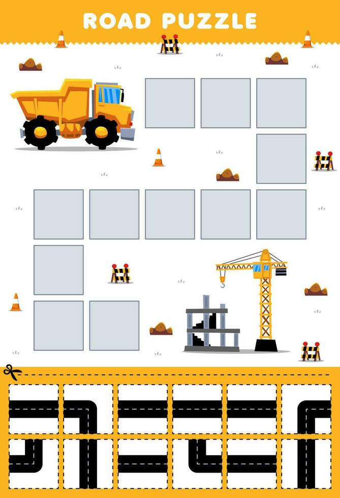 formazione scolastica gioco per bambini strada puzzle Aiuto cumulo di rifiuti camion mossa per costruzione luogo stampabile mezzi di trasporto foglio di lavoro vettore
