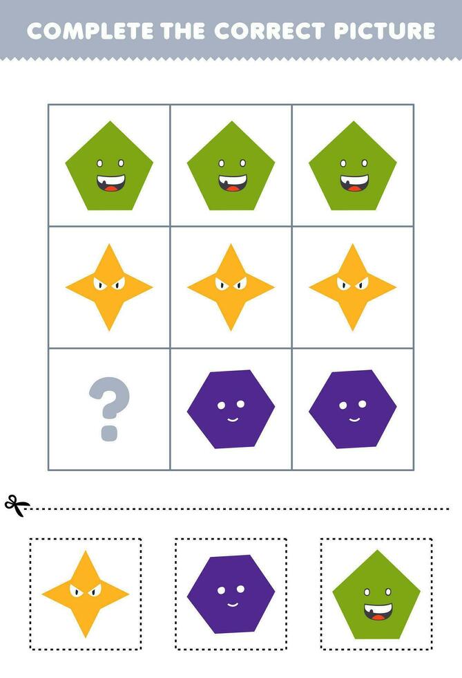 formazione scolastica gioco per bambini per scegliere e completare il corretta immagine di un' carino cartone animato stella esagono o pentagono stampabile forma foglio di lavoro vettore