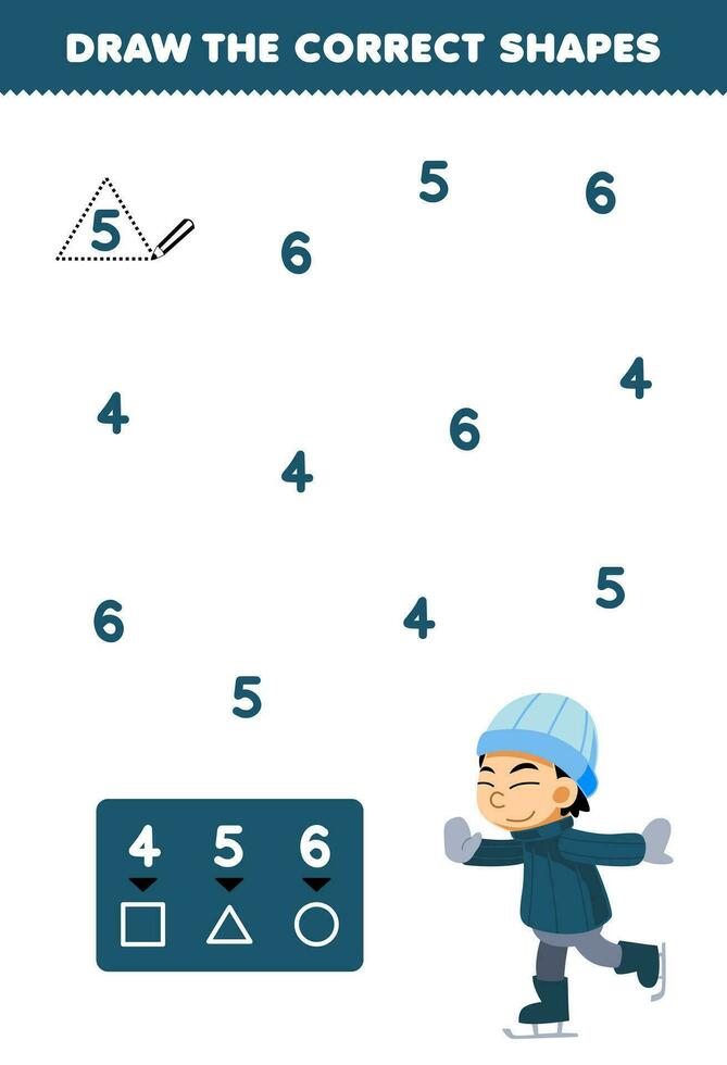 formazione scolastica gioco per bambini Aiuto carino cartone animato ragazzo giocando ghiaccio pattinando disegnare il corretta forme secondo per il numero stampabile inverno foglio di lavoro vettore