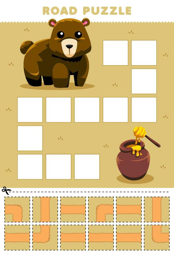 formazione scolastica gioco per bambini strada puzzle Aiuto orso mossa per miele stampabile animale foglio di lavoro vettore