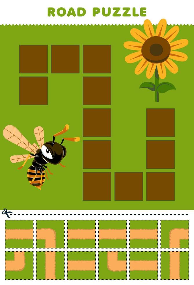 formazione scolastica gioco per bambini strada puzzle Aiuto ape mossa per girasole stampabile insetto foglio di lavoro vettore