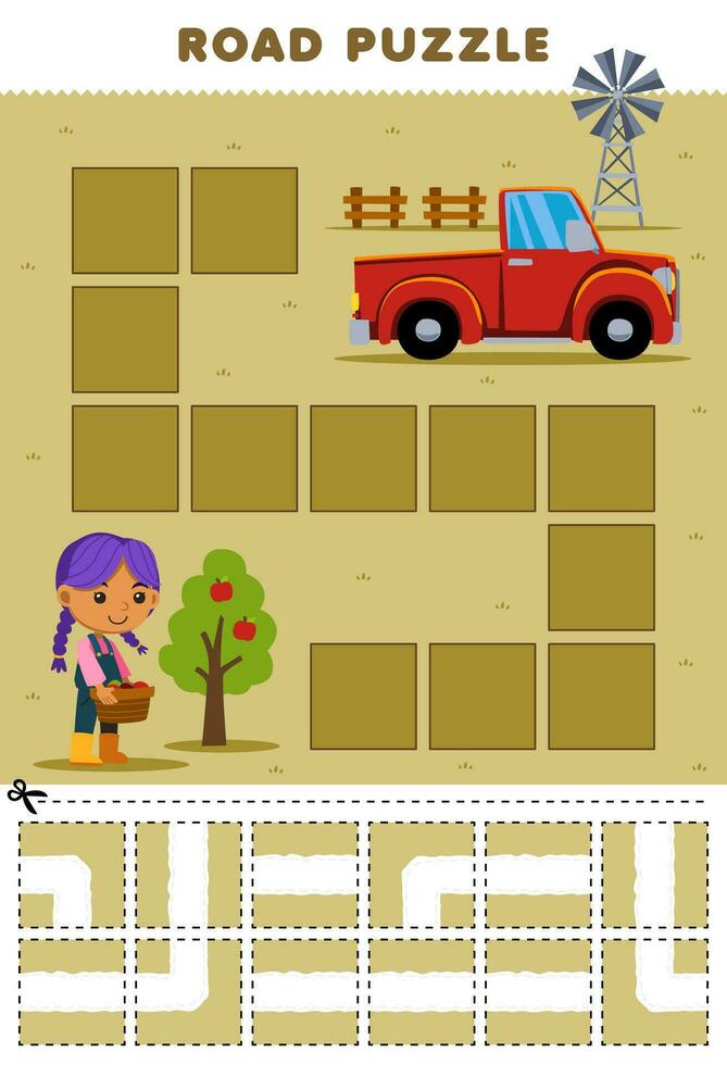 formazione scolastica gioco per bambini strada puzzle Aiuto contadino ragazza mossa per Raccogliere camion stampabile azienda agricola foglio di lavoro vettore