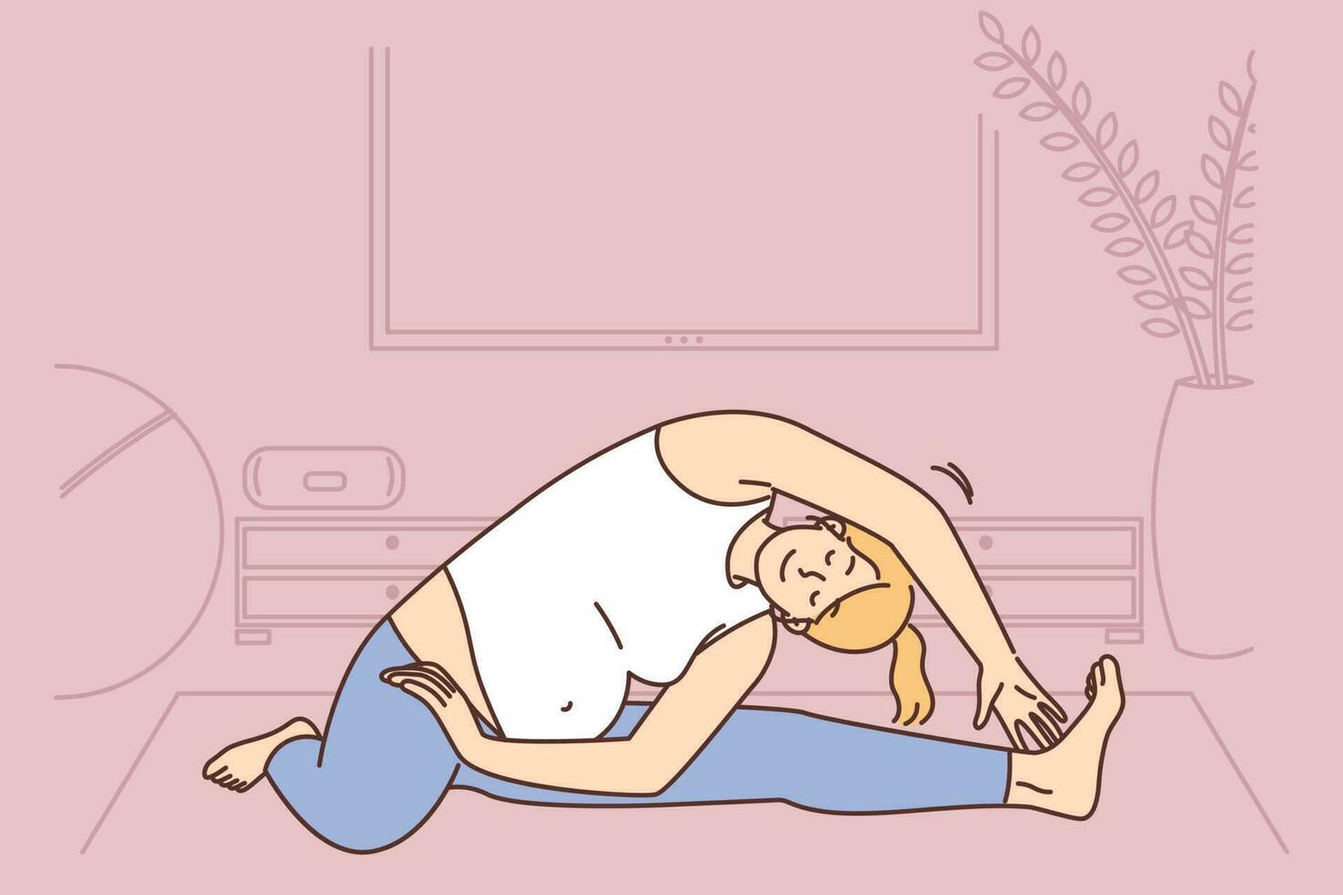 salutare incinta donna pratica yoga su stuoia a casa. sorridente futuro madre esercizio nel vivente camera. gravidanza e sport. vettore illustrazione.