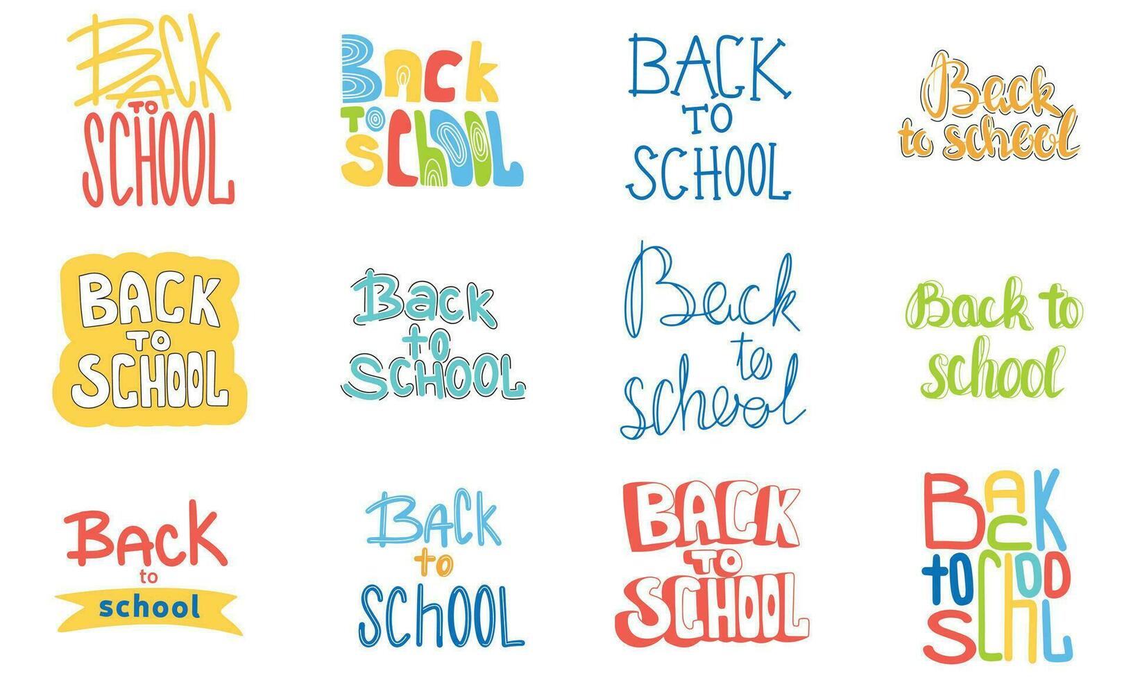 indietro per scuola mano disegnato lettering impostare. modello per logo, striscione, manifesto, volantino, saluto carta, ragnatela disegno, Stampa design. vettore illustrazione.