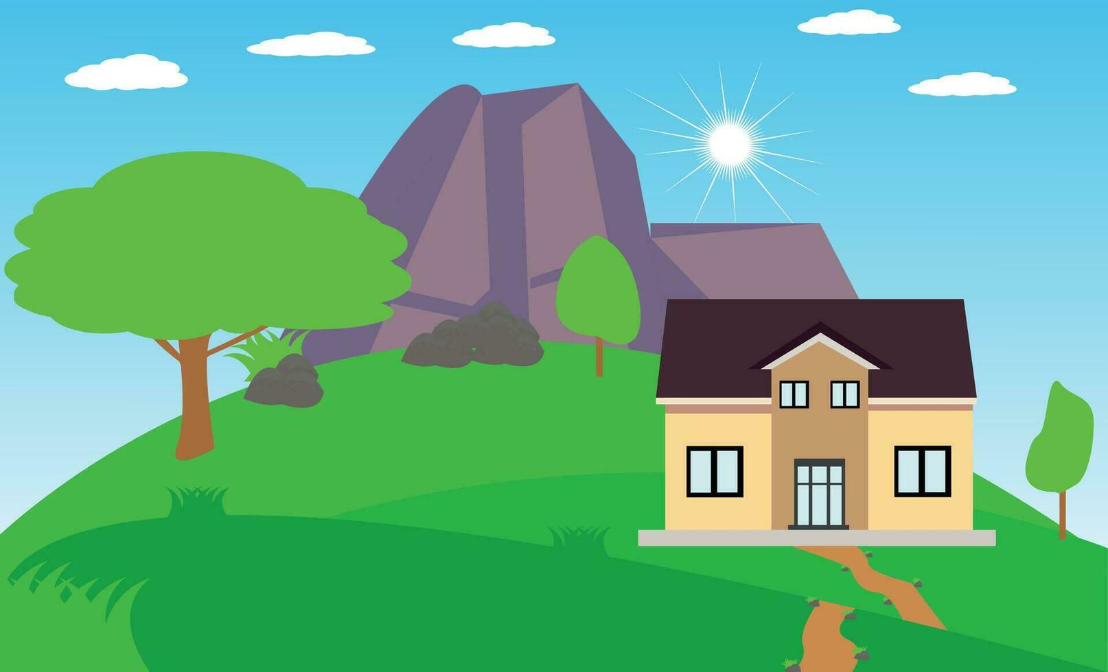 vettore paesaggio sfondo con montagna villaggio case