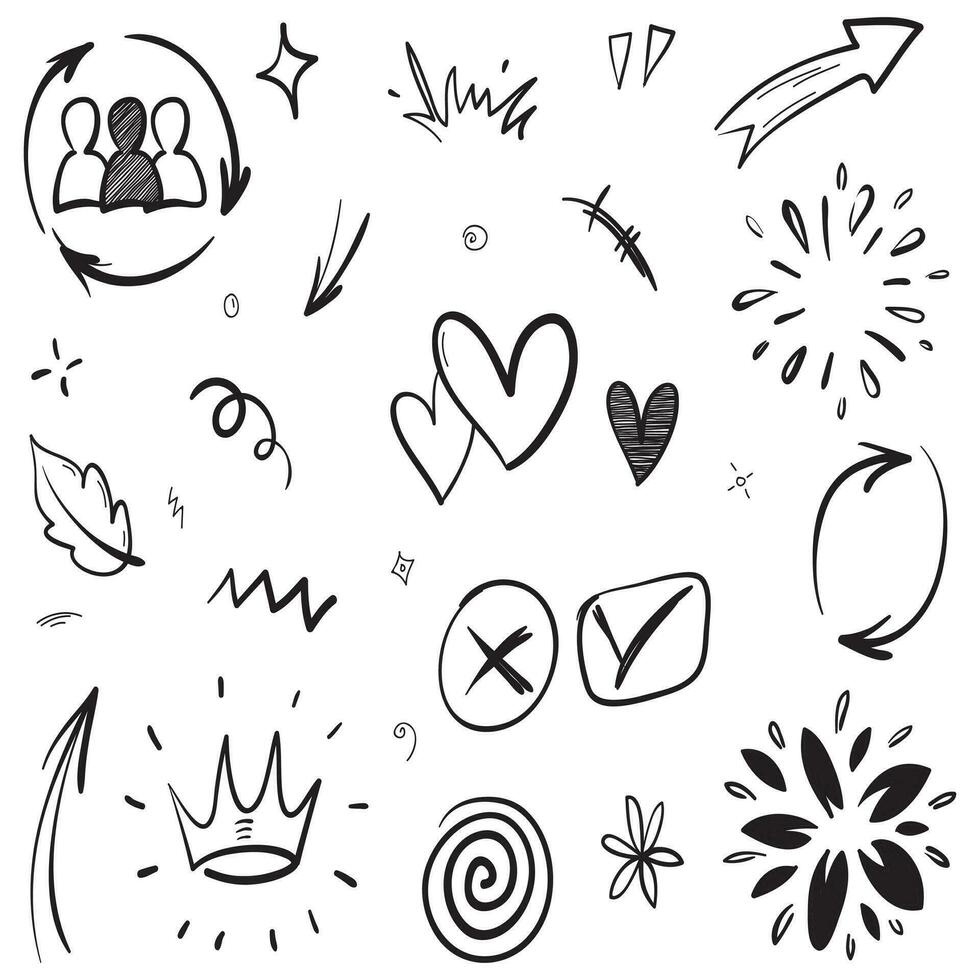 set vettoriale di doodle di segni di espressione cartoonesca disegnati a mano, frecce direzionali curve, elementi di design di effetti emoticon, simboli di emozione dei personaggi dei cartoni animati, linee di pennellate decorative carine.