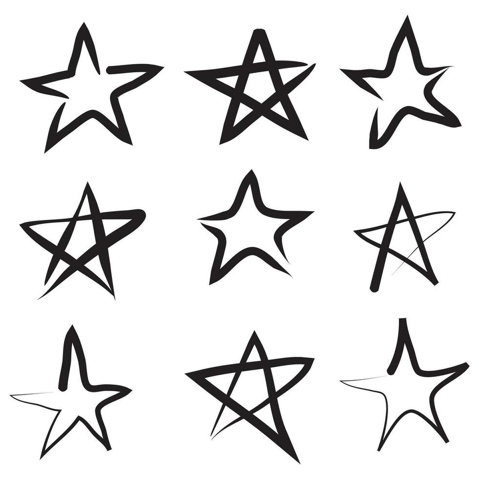 set di stelle doodle disegnate a mano nere isolate su sfondo bianco. vettore