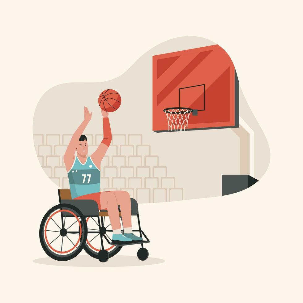 maschio atleta nel sedia a rotelle seduta giocando pallacanestro vettore