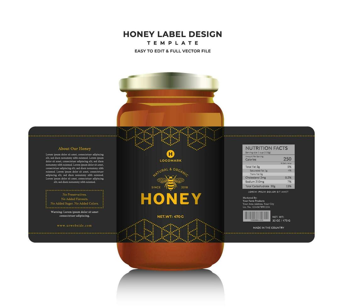 miele etichetta e miele design bandiera naturale ape miele bicchiere vaso bottiglia etichetta creativo confezione idea giallo, bianca minimo pulito design sfondo salutare biologico cibo Prodotto ape nero etichetta. vettore