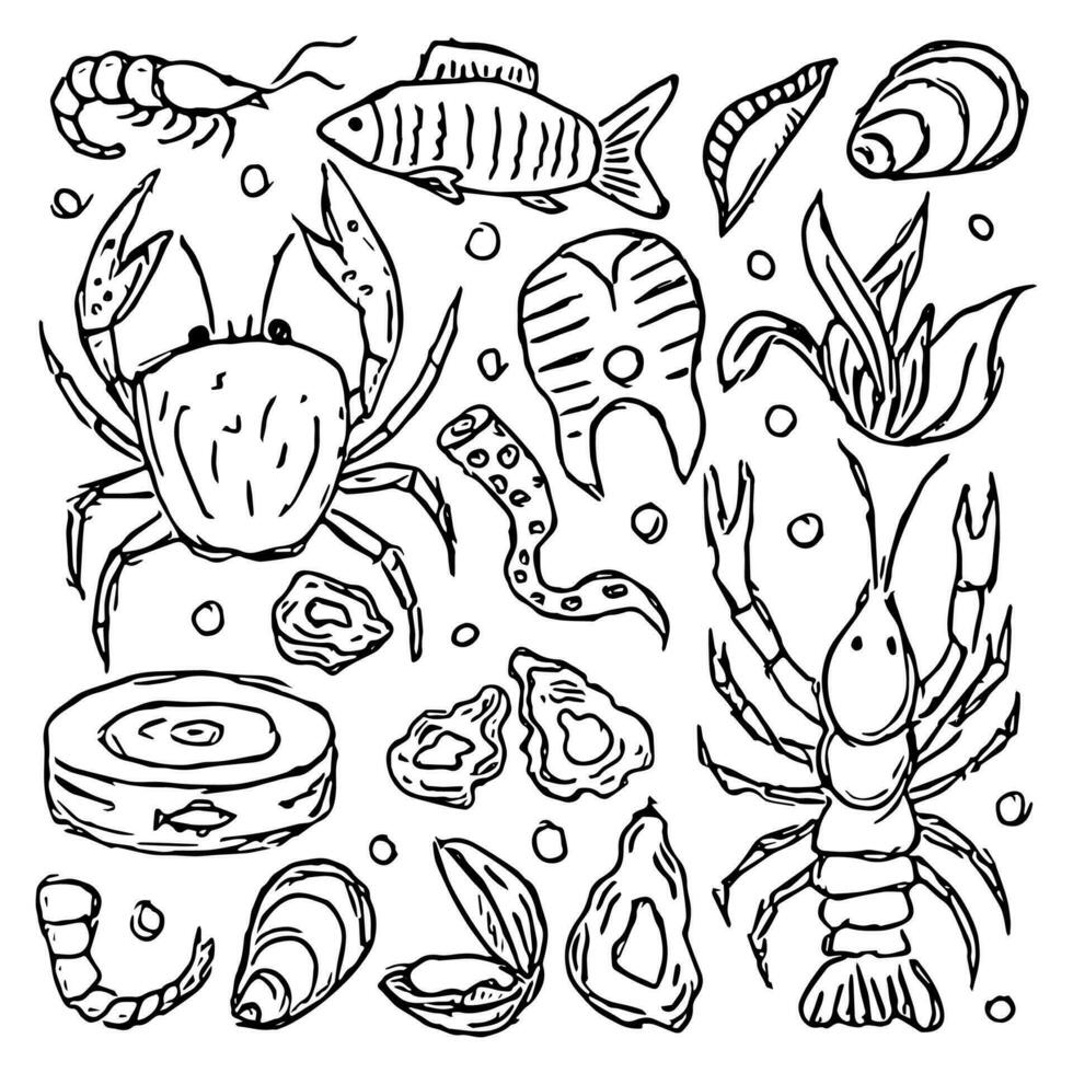 frutti di mare icone. disegnato frutti di mare sfondo vettore