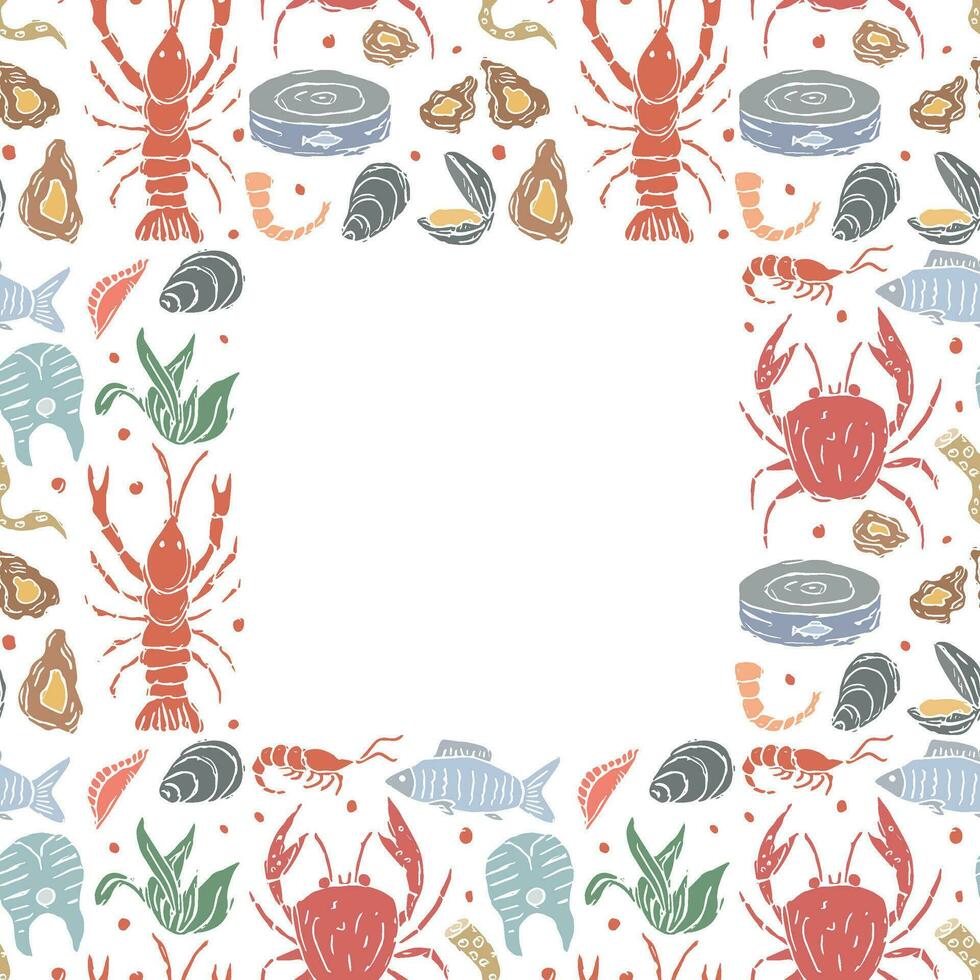 frutti di mare sfondo. disegnato frutti di mare illustrazione con posto per testo vettore