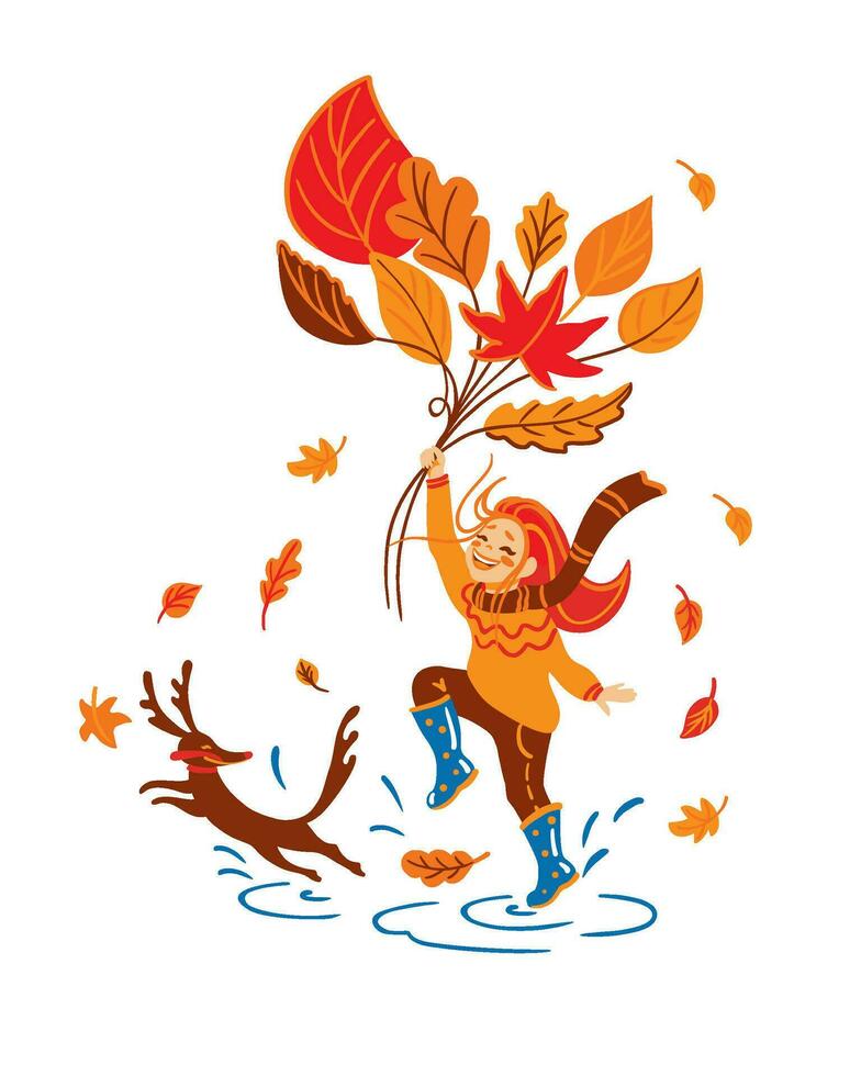 piccolo ragazza salto di il pozzanghere con Qui cane. divertente Giochi nel il autunno. Ciao autunno. bambini illustrazione. vettore