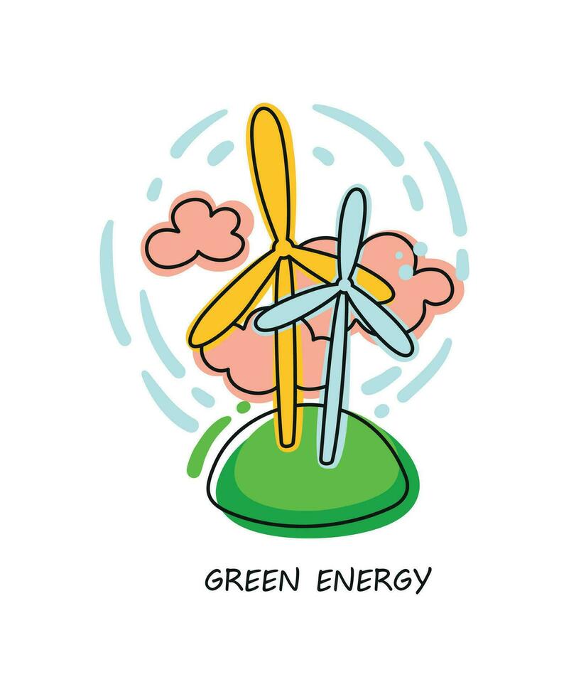 mulini a vento. verde energia. Salva il tuo pianeta. eco etichetta mano disegnato. vettore. vettore