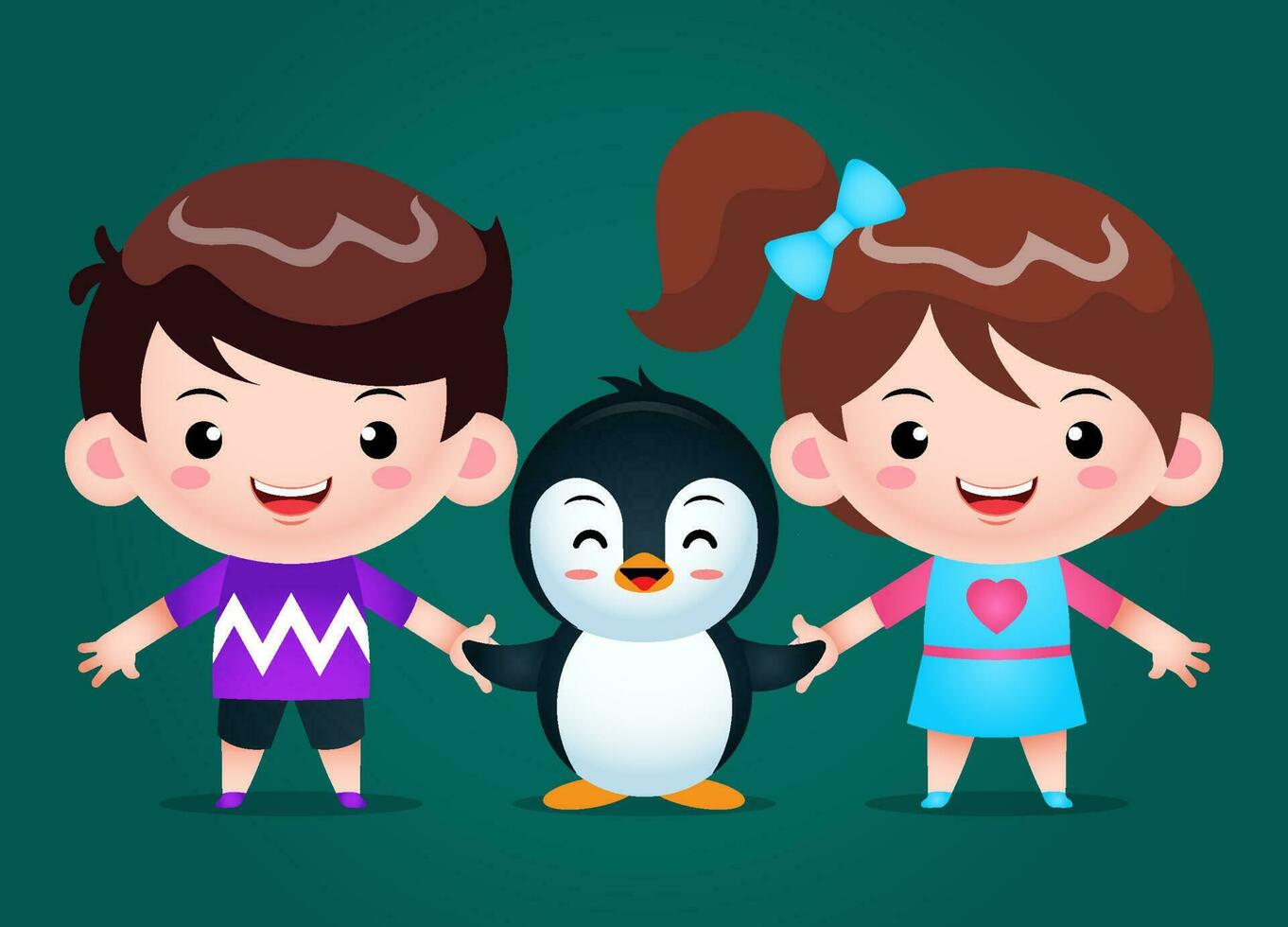cartone animato bambini e pinguino vettore