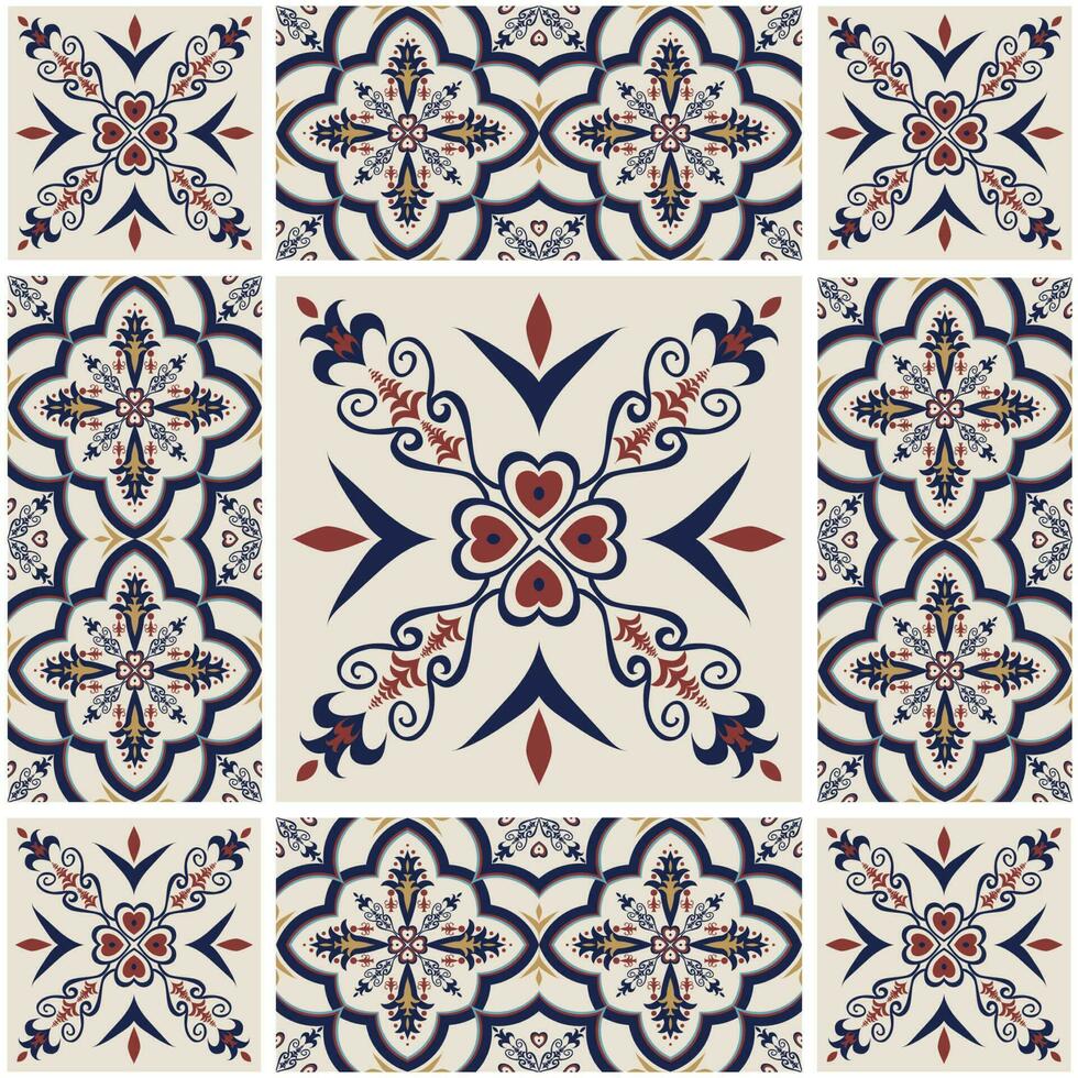 colorato patchwork piastrelle floreale modello Arabo stile. etnico colorato marocchino, portoghese piastrelle senza soluzione di continuità modello. Peranakan piastrella modello uso per casa interno pavimentazione decorazione elementi. vettore