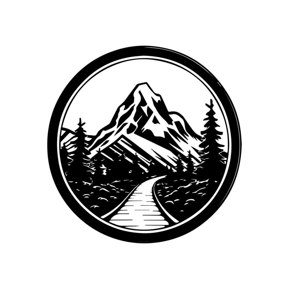 un' escursioni a piedi logo design con un' montagna silhouette nel il sfondo, Perfetto per all'aperto avventura Marche vettore