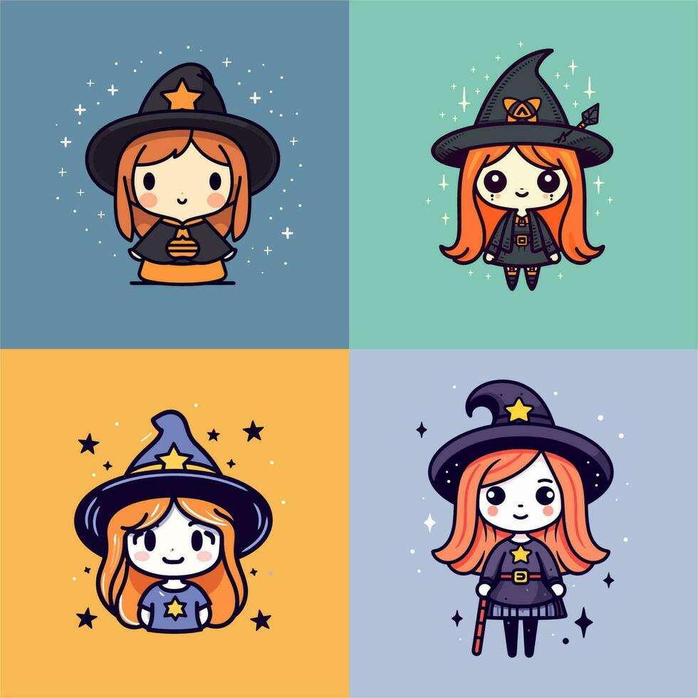 carino streghe chibi ragazze kawaii cartone animato Halloween illustrazione impostato collezione vettore