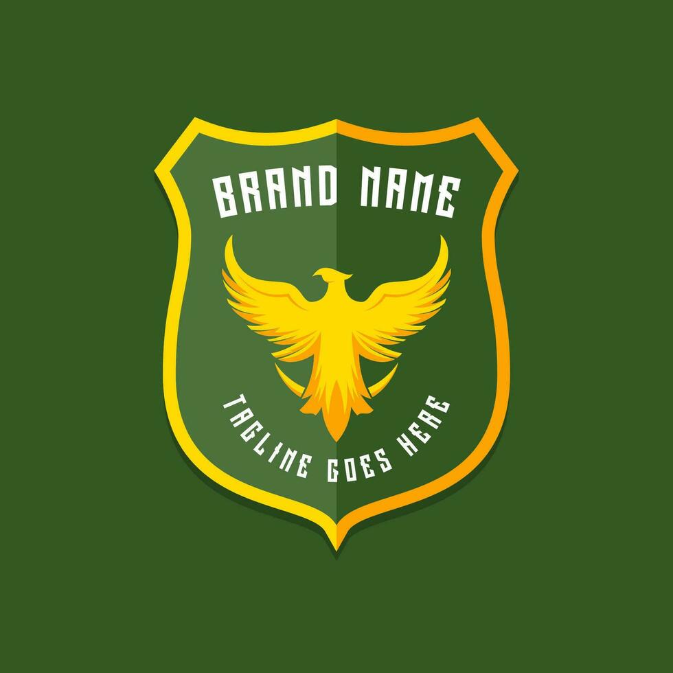 militare aquila logo su giallo verde scudo. patriottico animale logotipo vettore illustrazione.