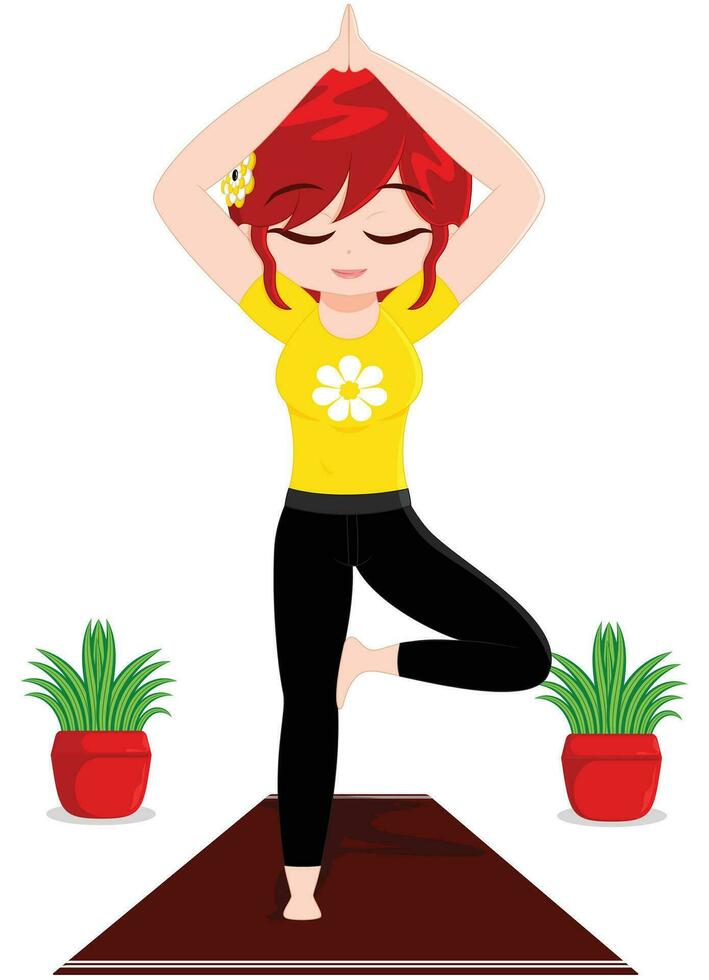 albero yoga posa - minimalista rosso dai capelli ragazza illustrazione vettore