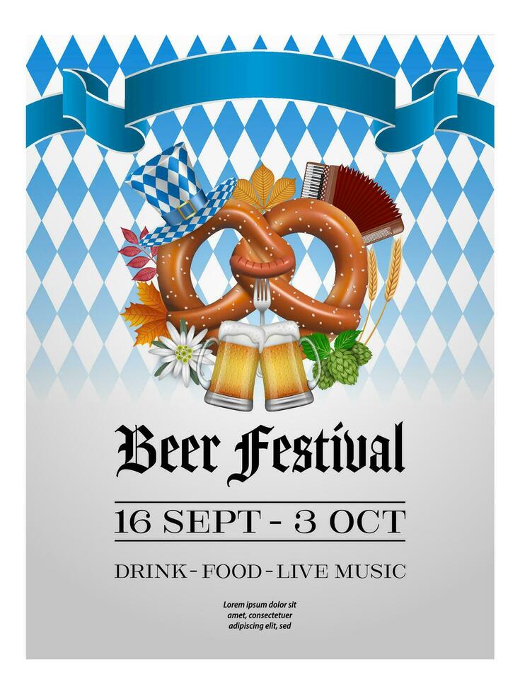 oktoberfest manifesto con salatino e birra tazze. birra Festival sfondo vettore
